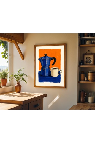 Moka Pot Kahve Sanat Baskıları Mavi Ve Turuncu İtalyan Espresso Seti 2 Adet