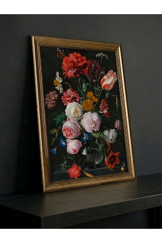 Dark Art Dark Floral Klasik Sanat Eseri Hollanda Altın Çağı Yağlı Boya Görünümlü Dokulu Baskı Tablo - 60x80cm Vintage Altın Çerçeveli 50x70cm Baskı Lüks Dekoratif Duvar Sanatı