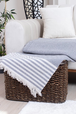 Pamuklu Püsküllü Elmas Desenli Koltuk Örtüsü 170x210 Cm Dekoratif Kanepe, Yatak Ve Tv Örtüsü Koyu Gri