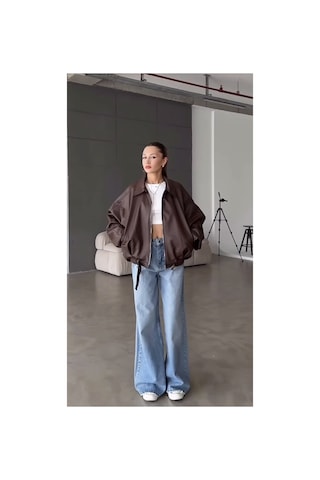 Belizmod Oversize Kemerli Bomber Deri Ceket Kahverengi Kahverengi