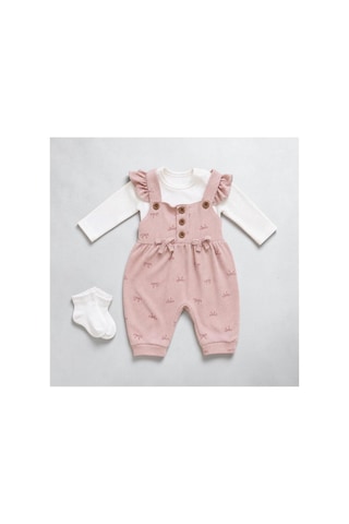 Altıntaş Baby Kız Bebek Fiyonk Desenli Somon Salopet Ve Uzun Kollu Body Takım Somon Somon