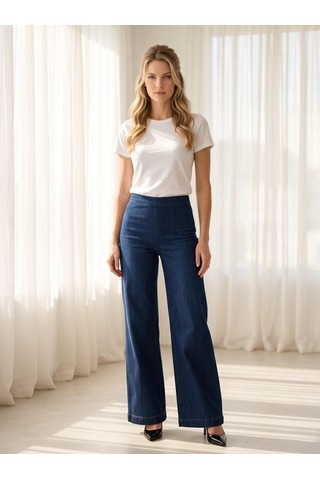 Nealirsanall.com Yüksek Bel Beli Lastikli Geniş Paça Kadın Jean Pantolon Siyah