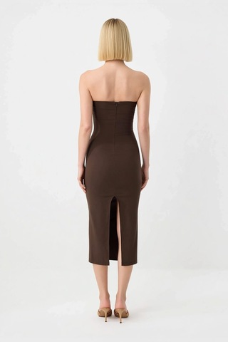 Benerly Kadın Straplez Bodycon Maxi Elbise Kolsuz Derin Yırtmaçlı Poplin Kahverengi