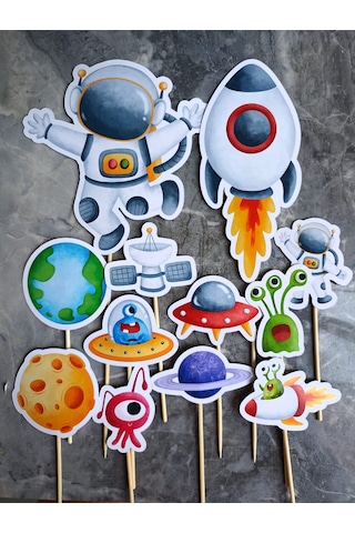 Uzay Astronot Temalı Pasta Kürdanı Cupcake Kürdanı 12 Parça Pasta
