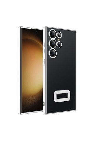 Samsung Galaxy Uyumlu S23 Ultra Yanları Renkli Lens Korumalı Logo Gösteren Luxury Silikon Kapak - Siyah