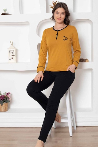 Alimer Kadın Hardal Bisiklet Yaka Uzun Kol Pijama Takım Edy2775h Hardal
