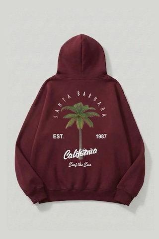 Uyguntarz Unisex Yumuşak Dokulu California Retro Baskılı Tasarım Oversize 3 İplik Hoodie Sweatshirt Bordo