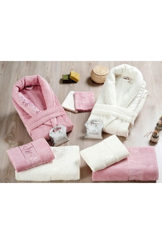 Nurpak Bambu Aile Bornoz Seti Gül Kurusu Krem