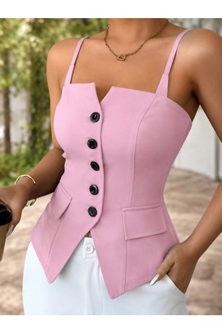 DefyModa Kadın Askılı Önü Döğmeli Atlas Bluz Pembe