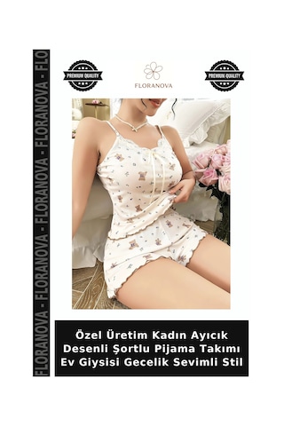 Floranova Özel Üretim Kadın Ayıcık Desenli Şortlu Pijama Takımı Ev Giysisi Gecelik Sevimli Stil