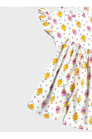 Aliş Kids Kız Çocuk Pamuklu Beyaz Çiçek Desenli Kolları Fırfırlı Kısa Kollu Şortlu Yazlık Pijama Takımı Beyaz Sarı