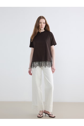 Lcw Modest Kahverengi Dantel Detaylı Soft Touch Kadın Tişört