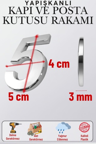 Krom Yapışkanlı Kapı Numarası 5 5 Cm / 50 Mm Küçük Boy Rakam Sayı - Daire, Posta Kutusu, Otel Oda No, Asansör, Kat Planı, Araç Model Ve Apartman İçi Dekoru İçin Kendinden Yapışkanlı Krom Numaratör 5 5