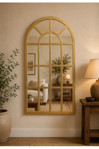 Peak Dizayn Pencere Model Duvar Aynası 123x70 Cm Dekoratif Salon Aynası Modern Bölmeli Çerçeveli Duvar Aynası Antre Dresuar Aynası Gold