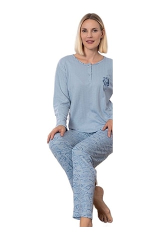 Mina Collection Kadın Pijama Takımı Uzun Kollu Yumuşak Dokulu E Acık Mav