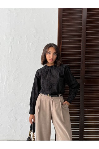 Verymoda İşlemeli Uzun Kollu Kadın Bluz - Şık Ve Modern- F1993 Siyah