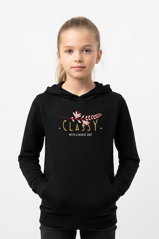 Kanguru Cepli Kapüşonlu Kız Çocuk Sweatshirt Classy Yazı Baskılı Siyah