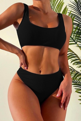 Angelsin Özel Fitilli Kumaş Tankini Bikini Üstü Siyah