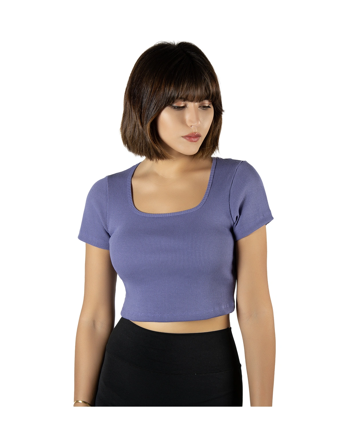 Veaven Mor Havuz Yaka Fitted/vücuda Oturan Kısa Kol Crop Tişört Mor