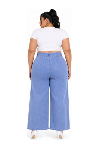 Büyük Beden Beli Lastikli Bağcıklı Yüksek Bel Taş Şerit Detaylı Bol Paça Denim Kadın Pantolon Mavi