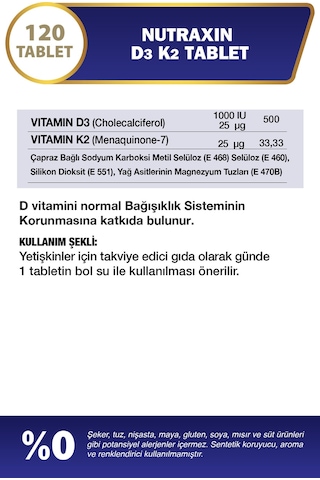 Nutraxin D3K2 120 Tablet – 1000 IU D3 + 25 mcg K2 Vitamini İçeren Takviye