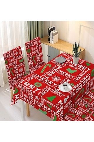 Flybuy Noel Baskılı Sandalye Kılıfı, Streç Masa Örtüsü, Kırmızı Harfler, 140cm, Su Geçirmez, Toz Geçirmez, Yağ Geçirmez, Şenlikli Dekorasyon Kırmızı