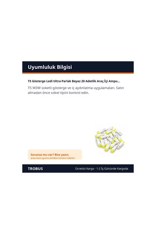 Trobus T5 Gösterge Ledi Ultra Parlak Beyaz 20 Adetlik Araç İçi Ampul Seti