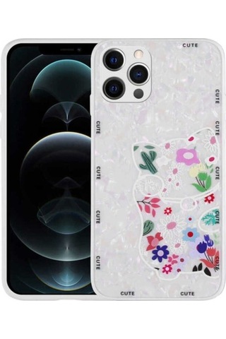 Apple Uyumlu iPhone 12 Pro Kılıf Desenli Sert Silikon Zore Mumila Kapak White Cat