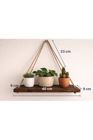 El Yapımı Halatlı Duvar Rafı Kahve Renk Masif Ahşap 40 Cm Kahverengi