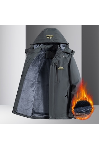 Ikkb Erkek Sonbahar Ve Kış Polar Kalın Su Geçirmez Ceket Gri
