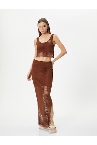 Koton Uzun Kroşe Etek Ajurlu Yüksek Bel Yanları Yırtmaçlı Astarlı Slim Fit Kahverengi 4sal70009ık Kahve