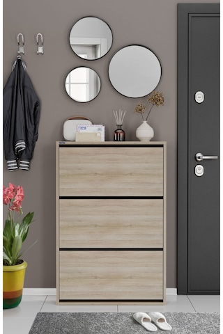 Ceha 3'lü Düşer Kapaklı Ahşap Ayakkabılık - Egger Meşe A.AYK-3/MEŞE