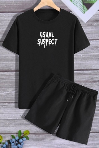 Sırt Baskılı Şort T-shirt Eşofman Takımı Siyah