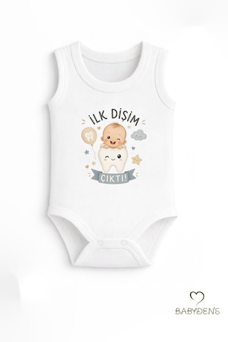 Babyden's İlk Dişim Çıktı Baskılı Kolsuz Bebek Body %100 Pamuk Unisex Diş Buğdayı Konsept Çıtçıtlı Zıbın Beyaz