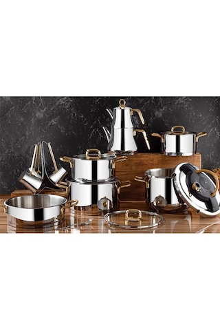 Lines Naz 18 Parça Paslanmaz Çelik Çeyiz Tencere Seti - Altın Kul