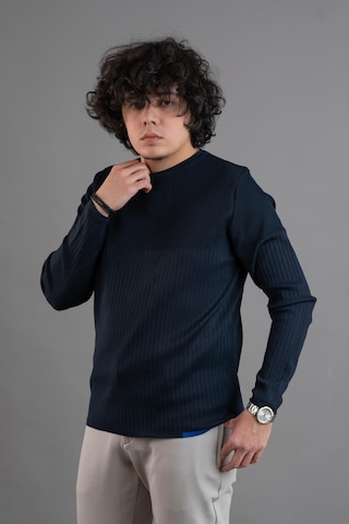 Bisiklet Yaka Likralı Microfilament Kumaş Slimfit Erkek Sweatshirt Lacivert