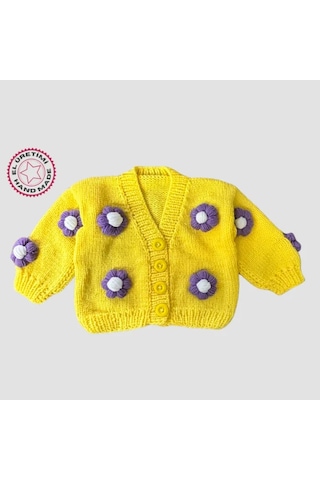 Uretti - Gülnur 2184 - El Örgüsü Mor Çiçekli Kız Çocuk Hırka 5 Yaş - Sarı Sarı