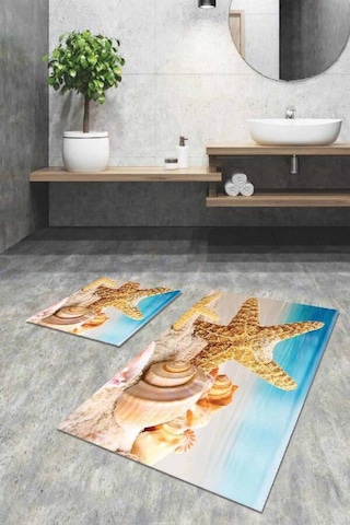 Mavi Deniz Kabuklu Banyo Halısı Klozet Paspas Seti Bs101n11