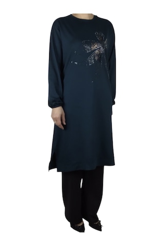 Kadın Önü Desenli Kristal İki İplik Büyük Beden Tunik Zümrüt