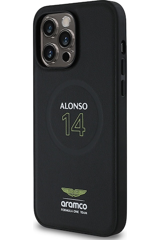 Apple Uyumlu iPhone 14 Pro Max Kılıf Aston Martin Lisanslı Magsafe Pu Deri Alonso 14 Baskılı Kapak Siyah