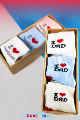 12 Çift Erkek Bebek Çorap Kutulu Patik Boy I Love Mom Dad Desenli, Pamuklu Çok Renkli
