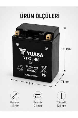 Yuasa Ytx7l-bs Cp 12v 6ah 100a Agm Bakımsız Motosiklet Aküsü 125cc'ler İçin