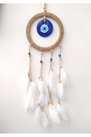 Hdmarketim Nazar Boncuklu Düş Kapanı Dreamcatcher Kuş Tüyü Duvar Beyaz