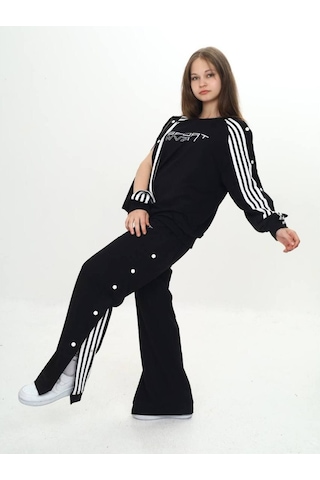 Unisex Çocuk 2 İplik Çıtçıtlı Alt&üst Eşofman Takımı %100 Pamuk Rahat Kalıp-299-eşt-0006 Siyah