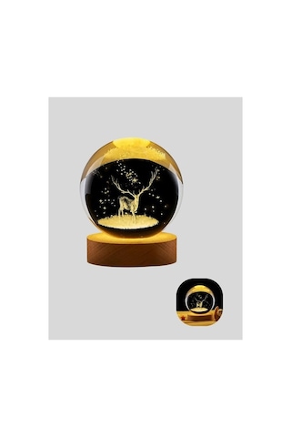 Led Işıklı Geyikli Kristal Küre Ahşap Standlı Modern Dekor Lamba Açık Renk Ahşap