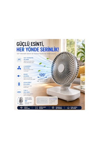 Robeve Yk Otomatik Dönebilen Şarjlı Masaüstü Vantilatör 120 Otomatik Döner Salınım Özellikli Fan Vantilatör Usb Type-c, 4 Kademeli Hız, Sessiz Mini Fan, Taşınabilir, Uzun Kullanım, Ofis & Ev Için