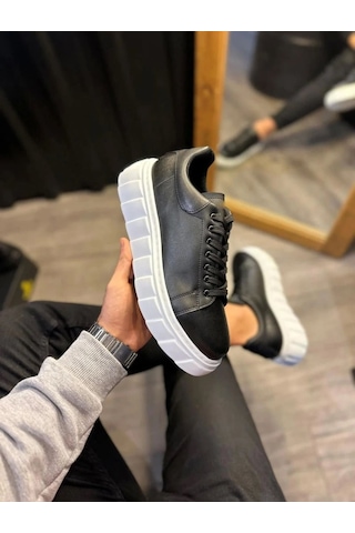 Ay Mood Jy144 Volt Bağcıklı Cilt Erkek Günlük Sneaker Yüksek Taban Ayakkabı Cbt Siyah