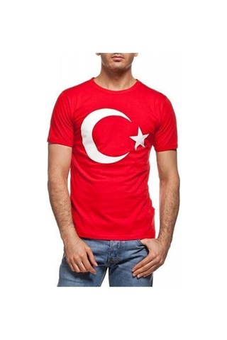 Bohem Stil Unisex Kırmızı Türk Bayraklı Kısa Kol T-shirt-8911 Kirmizi