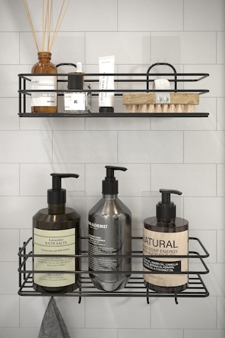 2li Set Siyah Şampuanlık Banyo Düzenleyici Yapışkanlı 4 Askılı Duş Rafı Organizer Siyah