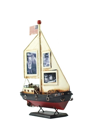 Dekoratif Resim Çerçeveli Metal Yelkenli Gemi 35cm